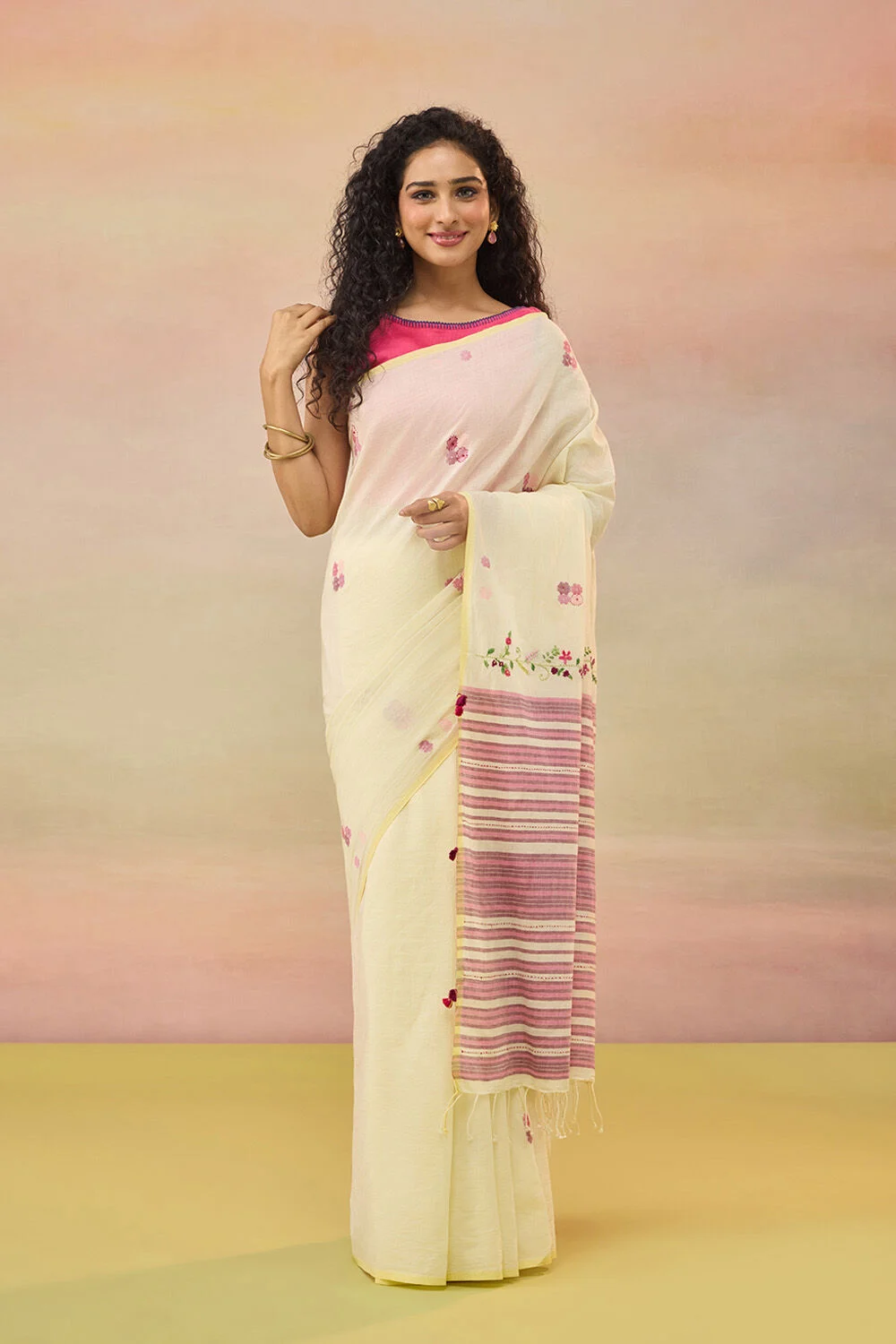 Light Yellow Bengal Pure Cotton Jamdani Saree